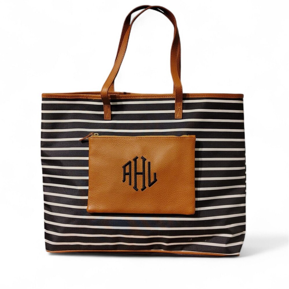 Marleylilly Tote Bag Large Navy Stripe Pouch Faux Leather Nautical Purse ALH x1